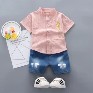 2PCS Baby Set Summer Fashion Simple Cartoon Giraffe Pattern Standing Neck Short Sleeve Denim Shorts Set