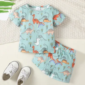 2pcs Baby Boys Cute Dinosaur And Tiger Graphic Print T-shirt & Shorts Set Clothes