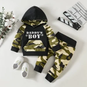 Baby Boys New Army Green Camouflage Letter Print Hooded Long Sleeve Top+Trousers Two-piece Set