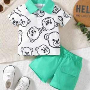 Baby Boys Summer Short Sleeve Bear Print Contrast Collar Polo and Flap Pocket Shorts Set