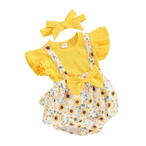 Baby Girl 2 Piece Summer Set Fly Sleeve Sunflower Print 3D Bow Fake Two-Piece Romper Ribbed Headband Infant Toddler Outfits