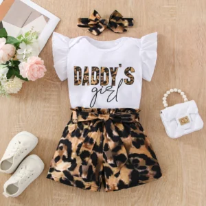 Girls Ruffle Shoulder Sleeveless Romper Bodysuit + Leopard Print Shorts With Belt + Headband Set Baby Clothes