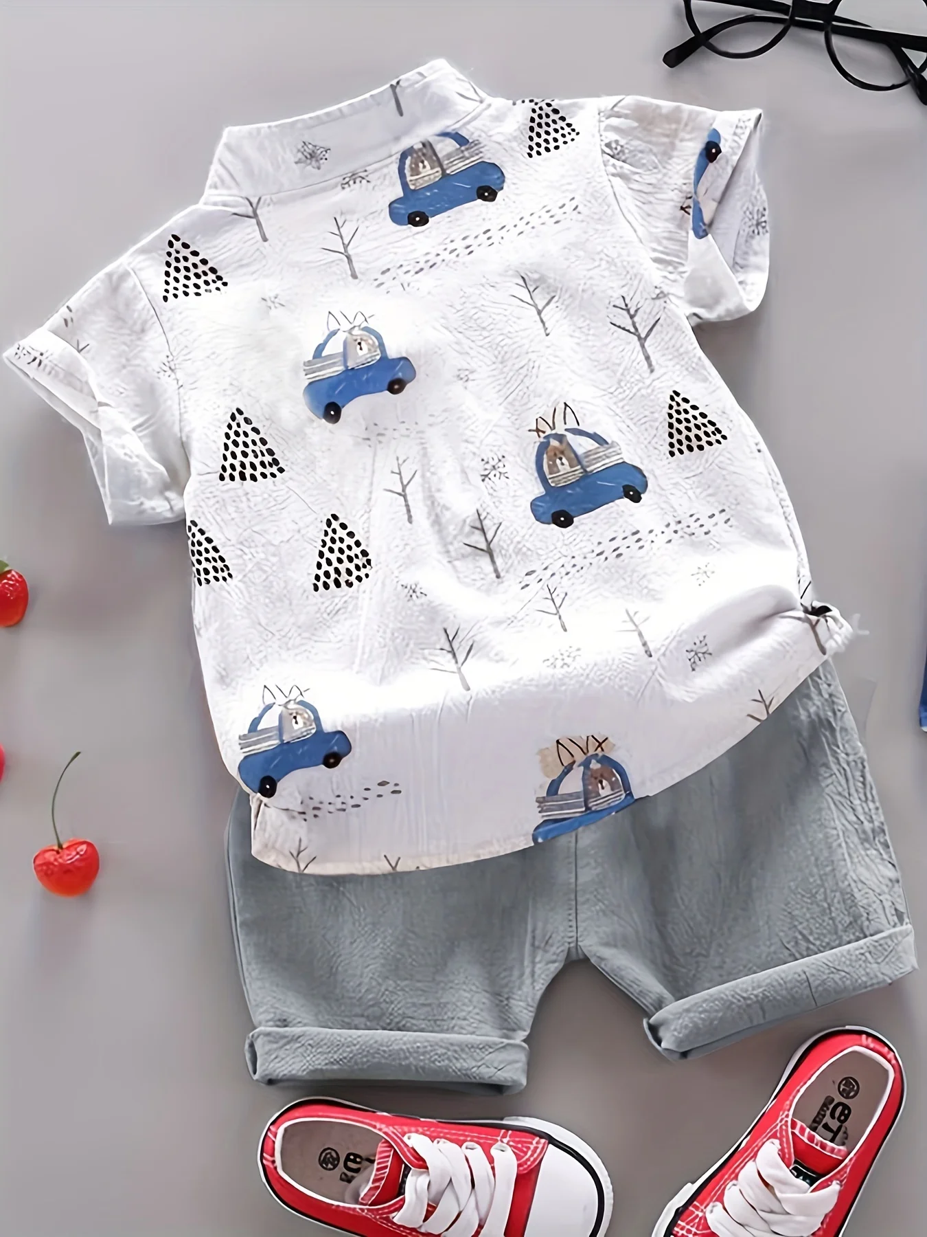 Infant-and-toddler-summer-full-print-bear-driving-pattern-short-sleeved-shorts-set-for-outdoor-standing-1