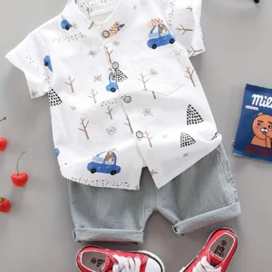 Infant and toddler summer full print bear driving pattern short sleeved shorts set for outdoor standing collar shirt fashion two