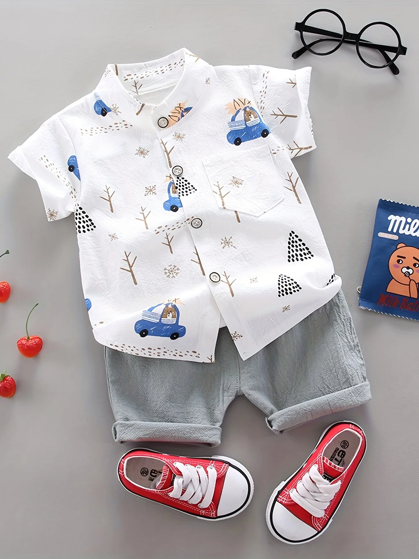 Infant-and-toddler-summer-full-print-bear-driving-pattern-short-sleeved-shorts-set-for-outdoor-standing