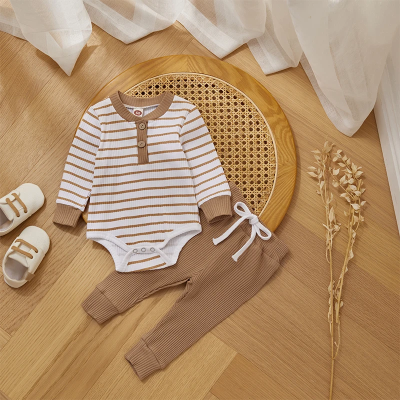 Ribbed-Stripe-New-Baby-Boy-Girls-Clothes-Fall-Toddler-Outfits-Long-Sleeve-Soft-Cotton-Romper-Pants-2