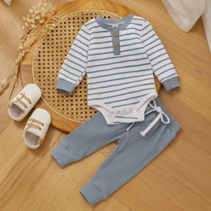Ribbed Stripe New Baby Boy Girls Clothes Fall Toddler Outfits Long Sleeve Soft Cotton Romper Pants 2PCS Set For Infant Outwear