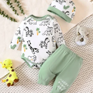 Spring And Autumn Boys And Girls Hats Round Neck Long Sleeves Animal Pattern Romper Pants Set Fashionable And Warm
