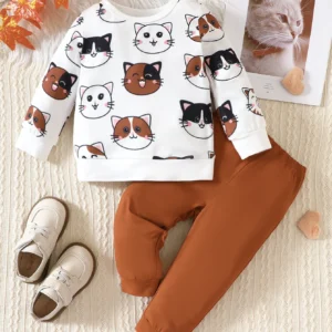 Spring And Autumn Girls And Boys Set Round Neck Long Sleeve Kitten Pattern Top Solid Color Pants Fashion Warm Infant Toddler