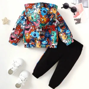 Two Sets Of Baby Boys Casual Cute Monster Pattern Half Open Front Hoodie & Pants Spring And Autumn